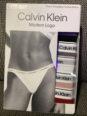 Calvin Klein Women's String Bikini Underwear, Modern Logo 5 pack Size Large